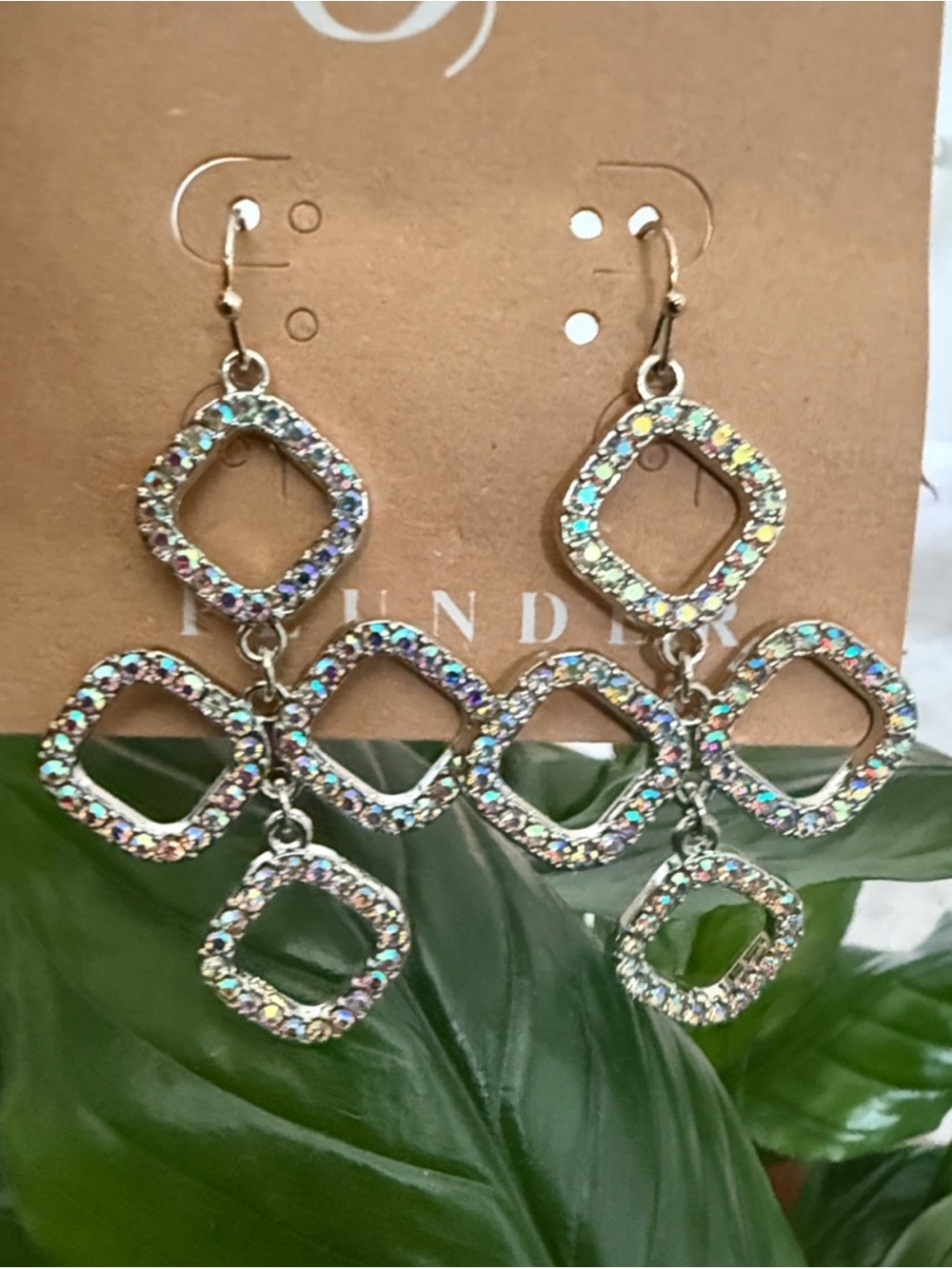 Silver Crystal Link Drop Earrings with Iridescent Tone